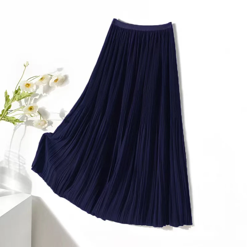 Pleated Skirt Women Spring Autumn Midi Long Skirt Casual Elastic Waist A-Line Black White All Match Party Skirts Solid Color