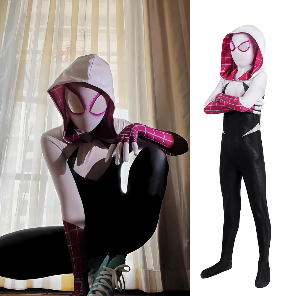 

Kids Spiderman Across The SpiderVerse Cosplay Gwen Stacy Costume Superhero 3DPrinted Spandex Zentai Bodysuit Halloween for Girls
