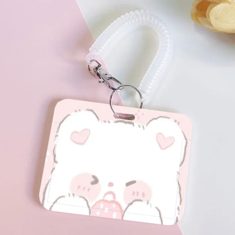 Cute Little White Bear Card Holder with Spring Rope Students Suitable for Bus Campus Lunch Card Kpop Photocard Holder Door Card