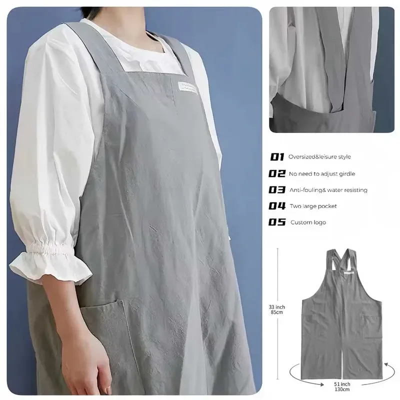 Kitchen Washable Cotton Linen Cross Back Apron with Pockets, Long Split Pinafore for Cooking, Cleaning and Baking, Men and Women