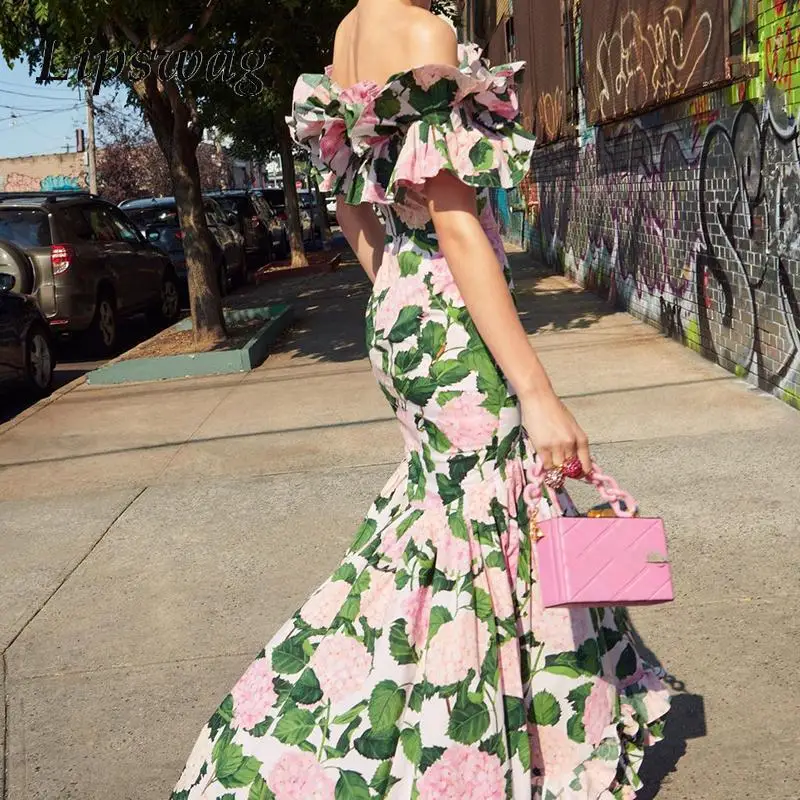 Sexy Strapless Tops & Long Skirt Outfits Women Elegant Flower Print Ruffle Swimsuit Suit Casual Sleeveless Pleated 2Pc Party Set