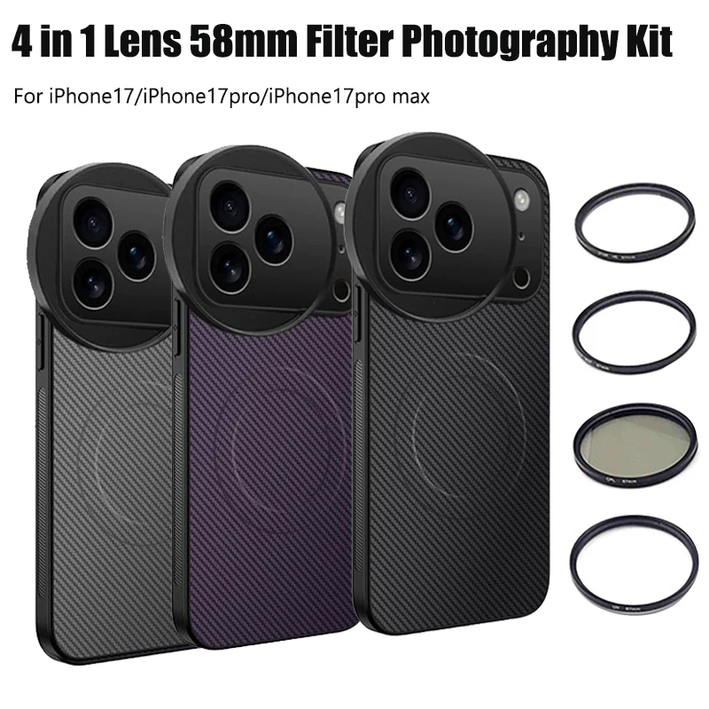

4 in 1 Lens 58mm Filter Kit CPL ND UV Star with Magnetic Wireless Charging Phone Case for iPhone 17/17Pro/Pro Max Photography