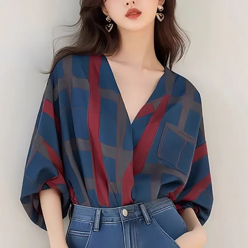 Spring Summer New V-neck Three Quarter Fashion Blouse Women High Street Casual Loose Printing Pullovers Elegant All-match Tops