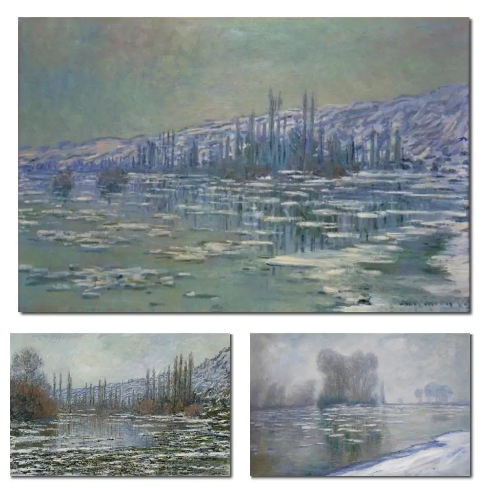 Pintura al óleo clásica de sena de palos de hielo de paisaje marino Extra grande, lienzo de Claude Monet, imagen hecha a mano para exhibición de restaurante