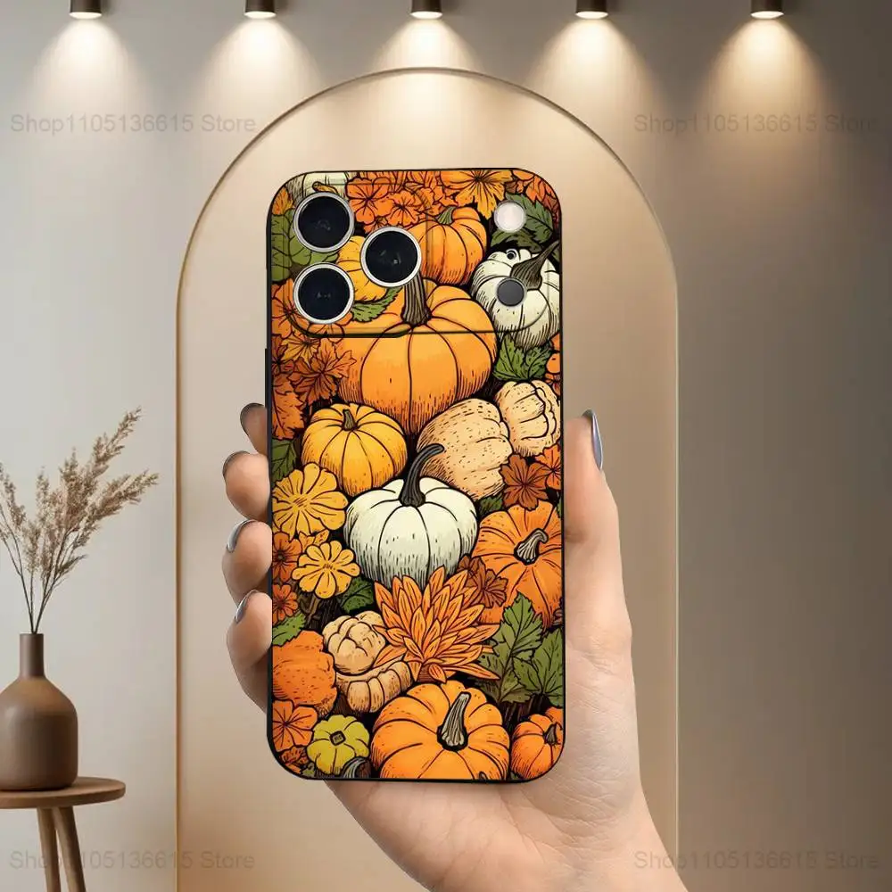 حافظة أوراق الخريف على شكل يقطين لهاتف آيفون 17,16,15,14,13,12,11 Air,Plus,Pro Max,XS,X,XR,SE,Mini,8,7,غطاء أسود من السيليكون الناعم #6