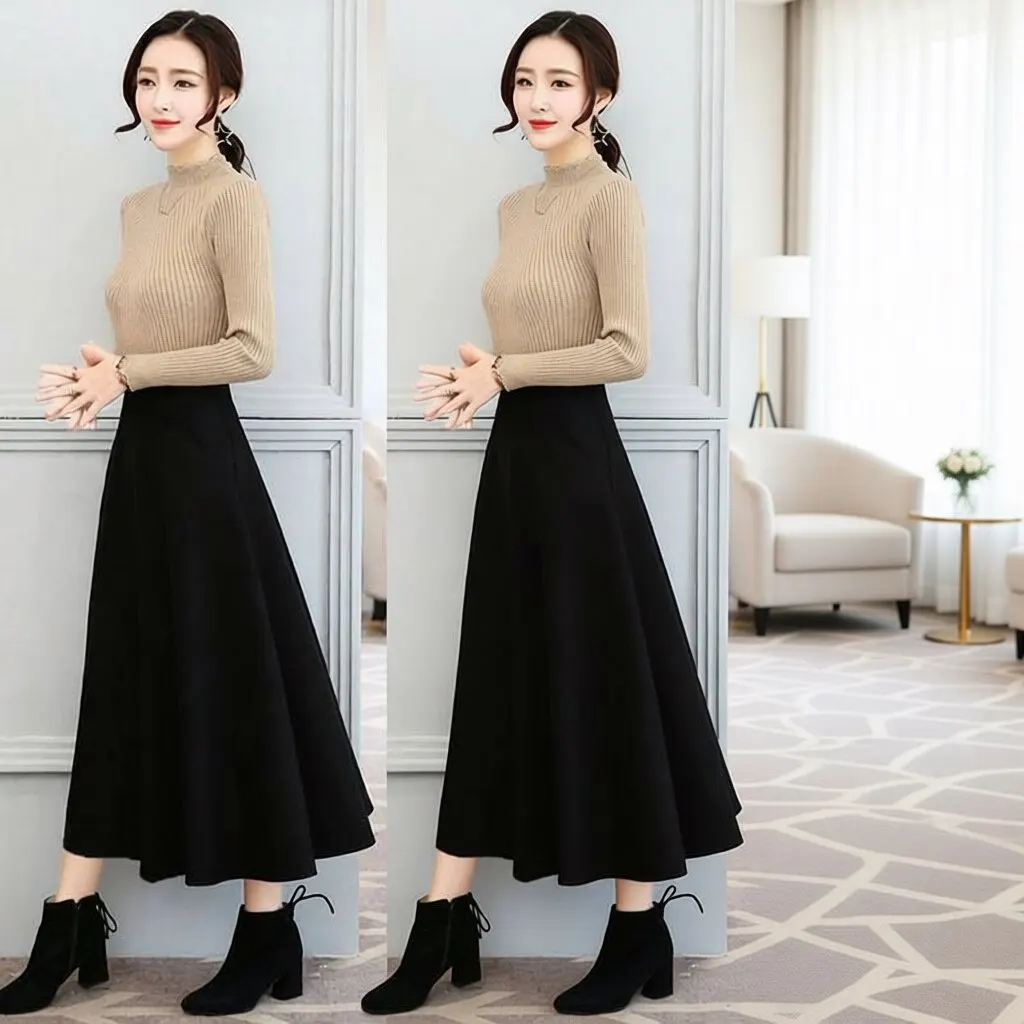 Spring Autumn High Waist A-Line Skirt Slimming Large Swing Gown Half-length Elastic Women's Fashionable Versatile Cotton Skirt