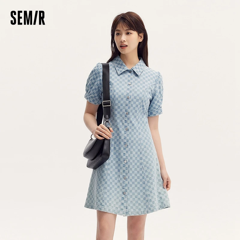 Semir Denim Dress Women Turn-Down Collar Waist-Cinched Bubble Sleeves 2024 Summer New Checkerboard Pattern Short Skirt