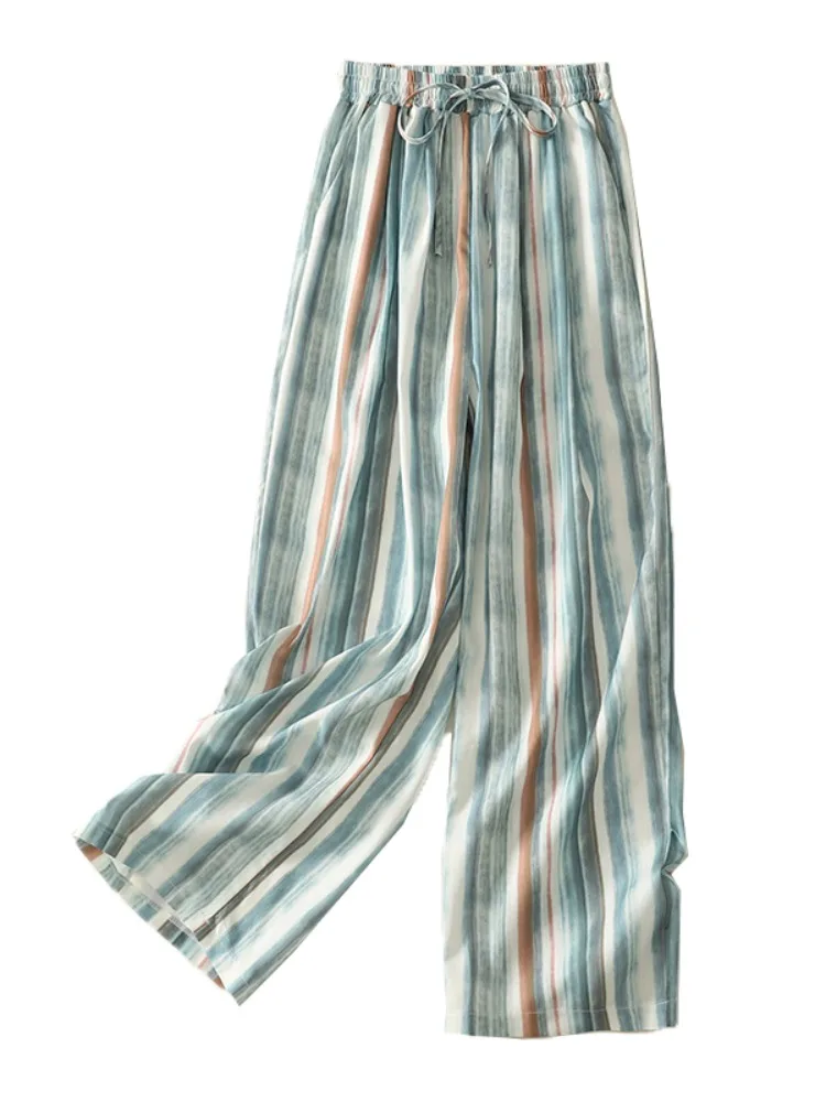 Pantalon à jambes larges pour femmes, teint à rayures arc-en-ciel, décontracté, taille haute, jambe droite, mélange de coton et de lin, nouveau pantalon d'été