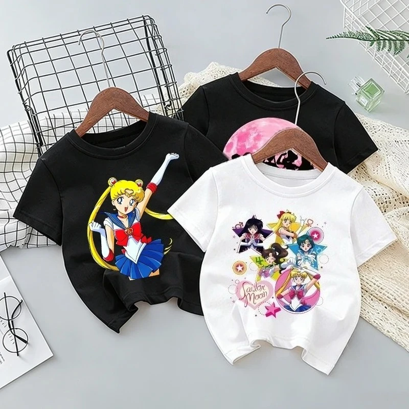 

Sailor Moon Anime Girl's T-shirt Cotton Cute Cartoon Printed Kids T-shirt Casual Short Sleeve Trend Tops Tee Y2k Summer New