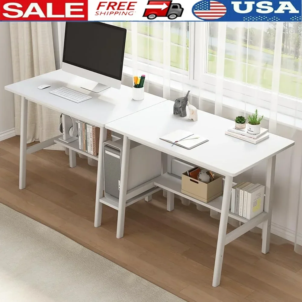 

Extra Long 2-Person Writing Desk with Bookshelf Wooden Computer Workstation Home Office Study Table Durable Storage Solutions
