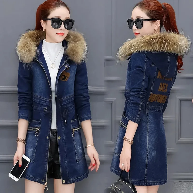 2024 New Winter Thicken Denim Jacket Women Jeans Jacket Winter Korean Waist Mid-length Denim Cotton-padded Jacket Women Outwear