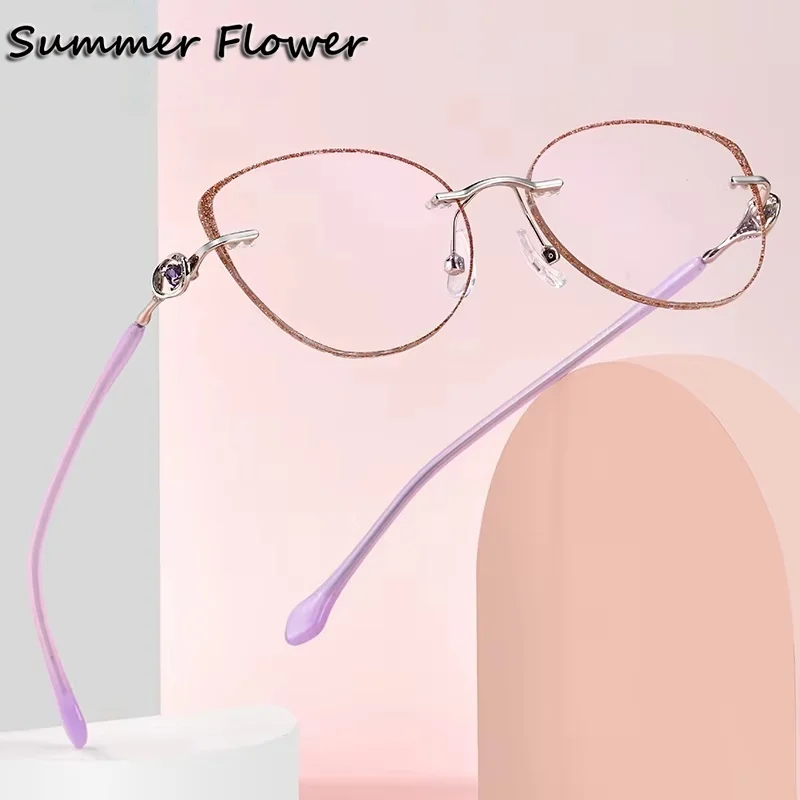 

Prescription Glasses Cat Eye Fashion Women Eyeglasses Diamond Trim Titanium Rimless Eyewear for Tint Color Recipe Lenses