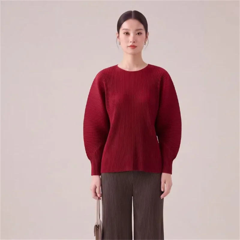 Miyake Women Solid Round Neck Vertical Pleated Top Long Sleeve Loose Minimalist Pleated Blouse