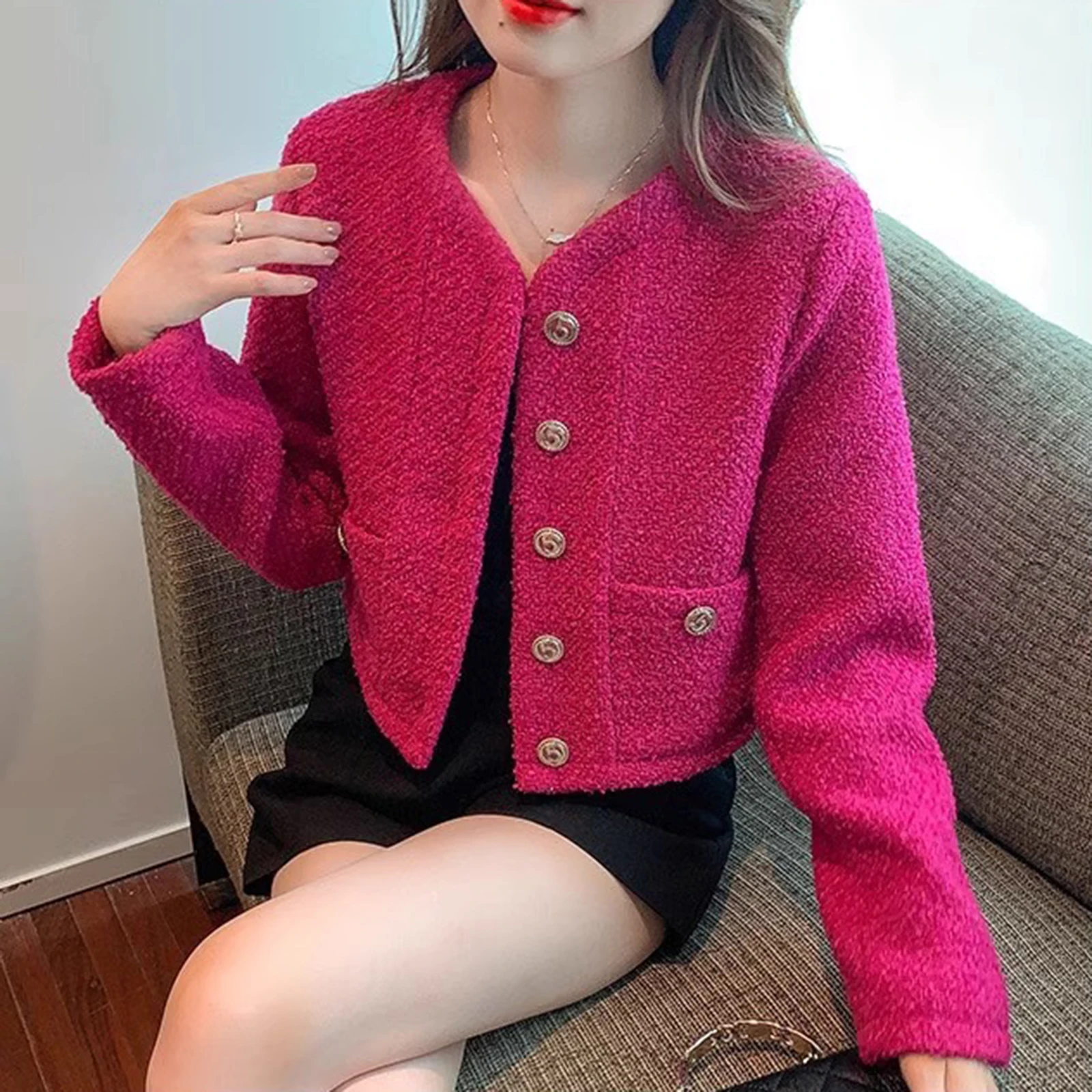 High Quality Small Fragrant Tweed Blazer Jacket for Women Pink Short O-neck Casual Coats Spring Autumn New Elegant Trendy