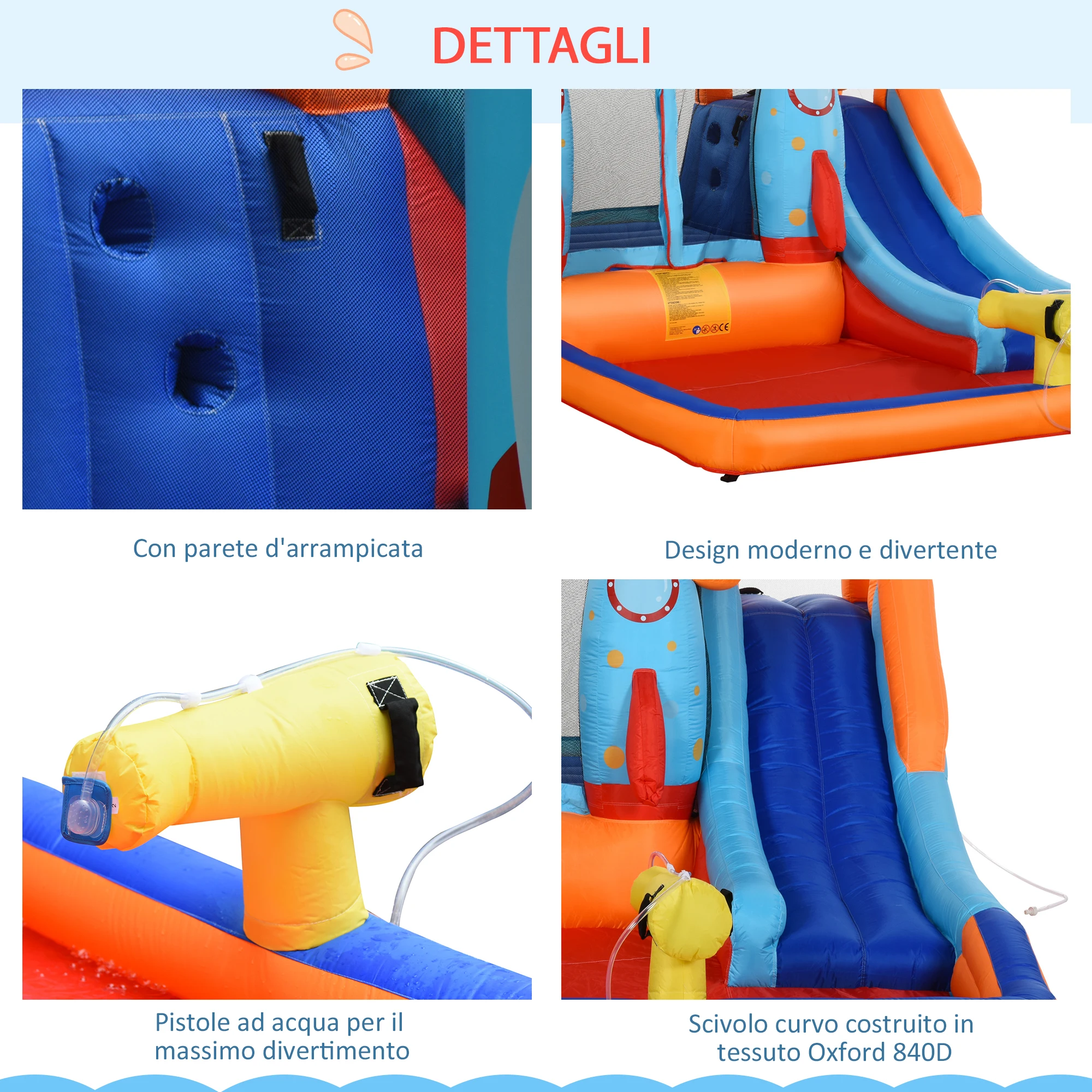 Immagine 9: Outsunny Castello Gonfiabile per Bambini 5 in 1 con Scivolo, Trampolino, Piscina, Parete da Arrampicata e Pistola ad Acqua, Gioco Gonfiabile per 4 Bambini 3-8 Anni, 350x250x185 cm