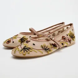 Breathable Mesh Women Ballet Flats Flower Embroidered Mary Jane Shoes for Ladies Casual Round Toe Brand Designer Autumn Footwear