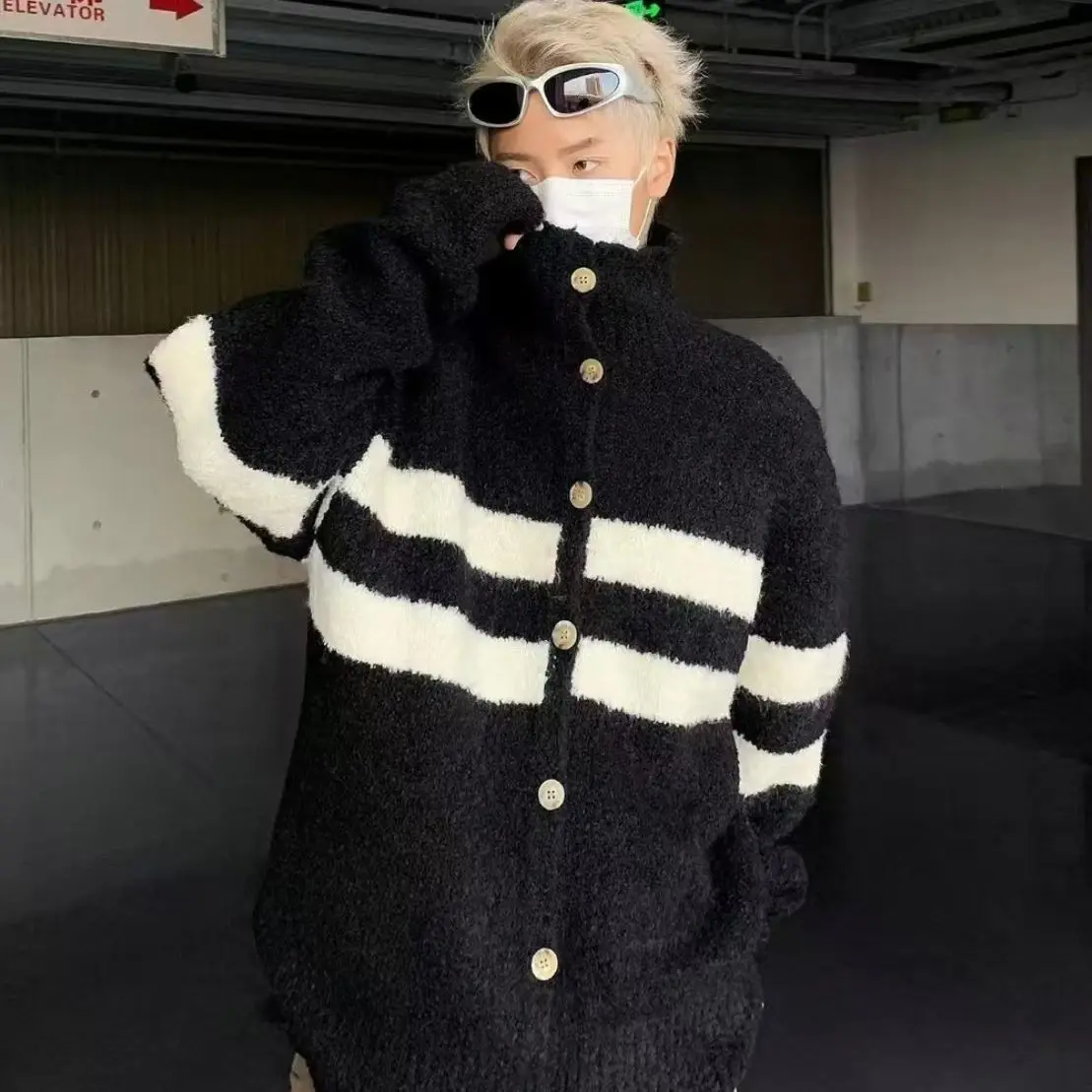 American Striped V-Neck Knit Sweater Loose Casual All-Match Lazy Cardigan Coat Top for Autumn Winter