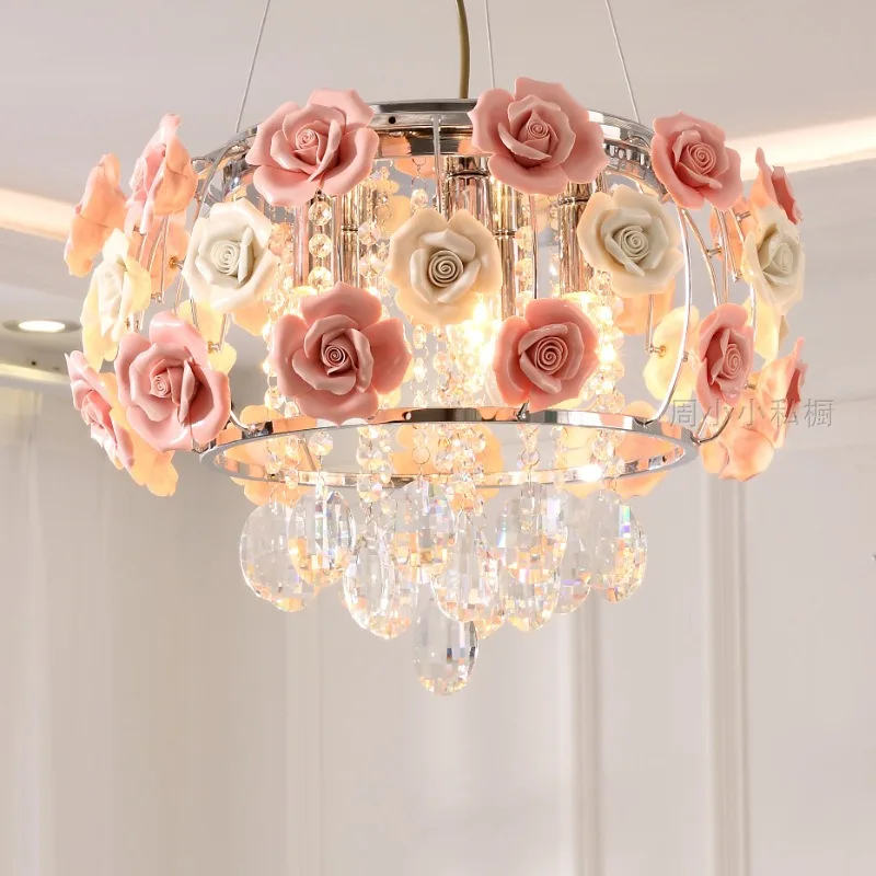 European Rose Flowers Crystal Glass Ceiling Pendant Lights Creative Coffee Shop Cafe Living Dining Room Interior Hanging Lamps