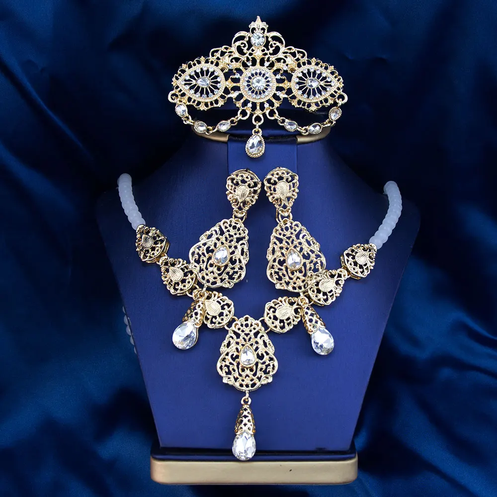 Immagine 3: Sunspicems Colore oro Arabo Marocco Set di gioielli da sposa da sposa Collana di perline Ciondolo Waterdrop Orecchino lungo Spilla in filigrana
