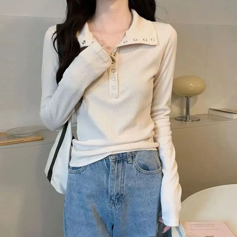 2024 Spring and Autumn Women\'s New Spliced Polo Collar Button Screw Thread Fashion Solid Color Slim Casual Long Sleeve Tops