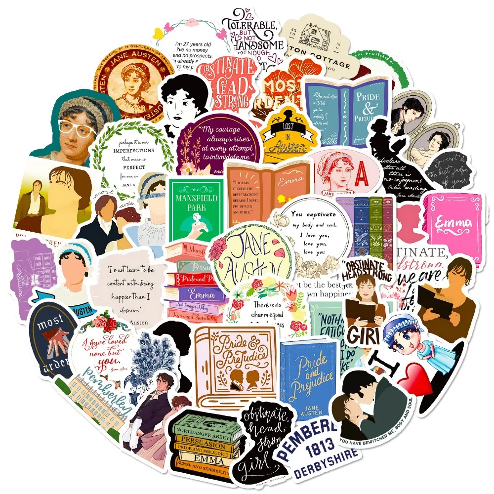 10/50Pcs Jane Austen Art Writer Sticker Personalized Collection Decoration Clipbook Luggage Book Desk English Phrases Gift Toys