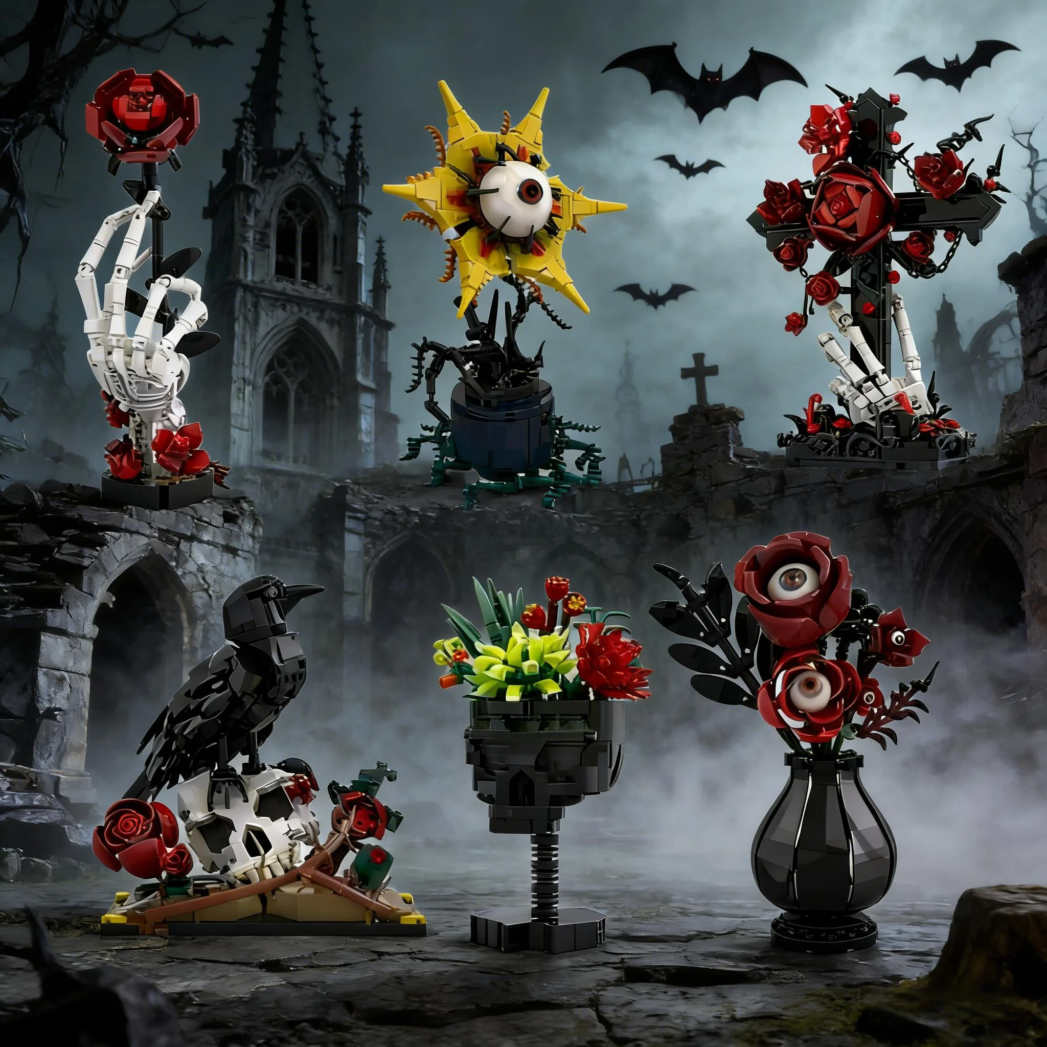 

MOC Gothic Skull Artificial Roses Bouquet Crow Flowers Building Blocks Model Cross Assembly Toys Kids Girls DIY EASTER Gift