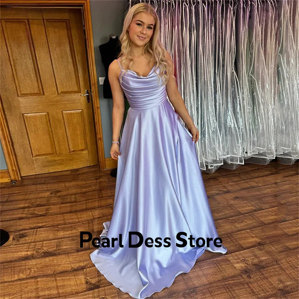 

2024 Women's satin long special party dress with pleats, thin shoulder straps, tight fitting bra, back formal dress
