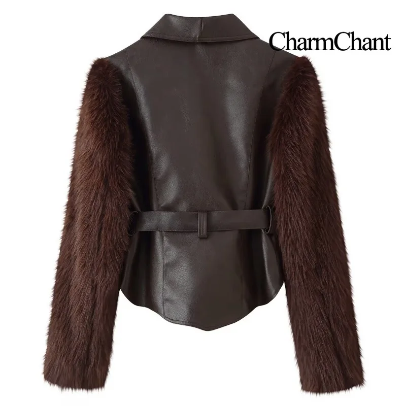 CHARMCHANT Women's Faux Fur Sleeve Leather Blazer Tie Waist Cropped PU Jacket Shawl Collar Luxury Fashion Outerwear Fall 2026