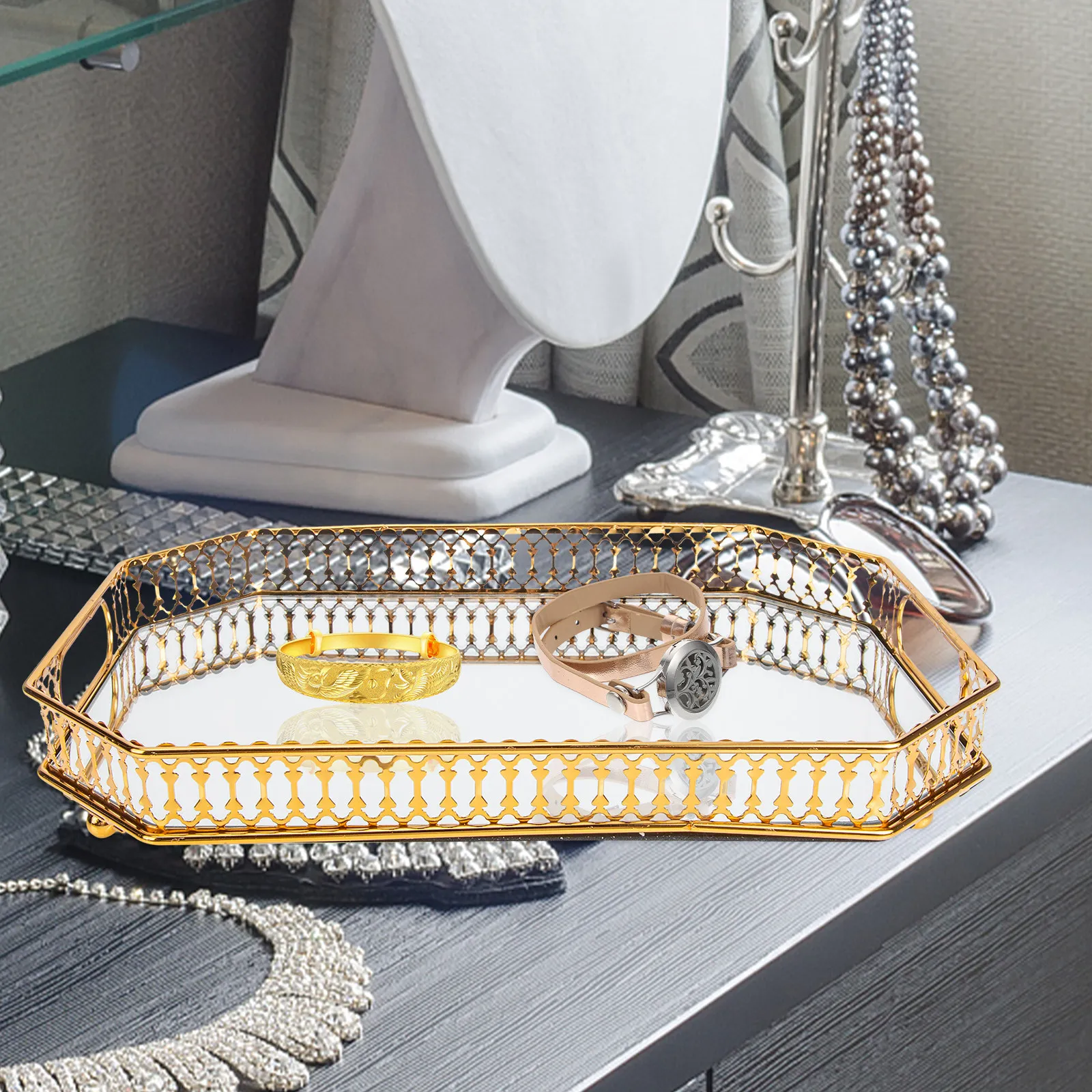 Metal Glass Bathroom Storage Tray Toiletries Organizer Multipurpose Vanity Tray for Jewelry Makeup Toiletries Organizer