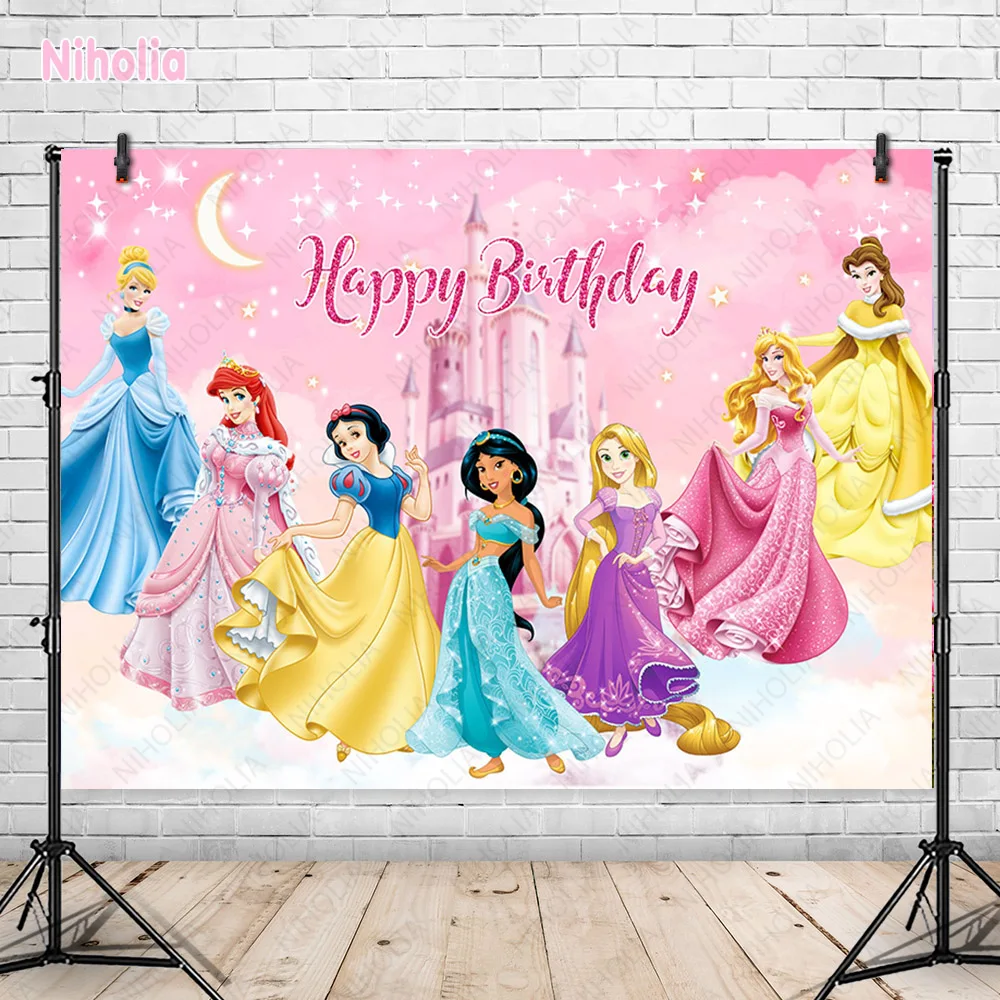 Disney Princess Theme Photo Backdrop Princess Girls Kid 1st Happy Birthday Party Decoration Baby Shower Custom Background Banner