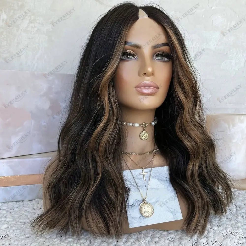 Honey Brown Hightlight 1x4 U/V Part Wig Human Hair With Clips Breathable Loose Wave Wig For Woman U Shape Wigs Human Hair