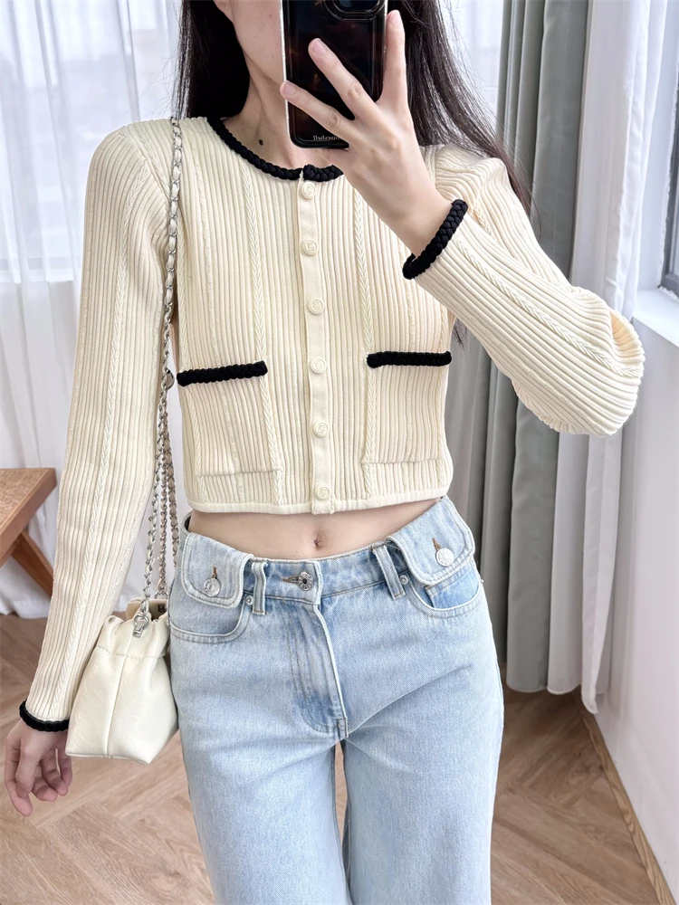 Women's Sweater Cropped Knit Cardigan, Color Blocking, Fake Pocket, Elegant, Casual, Design, Fashionable, Classic, Chic, S