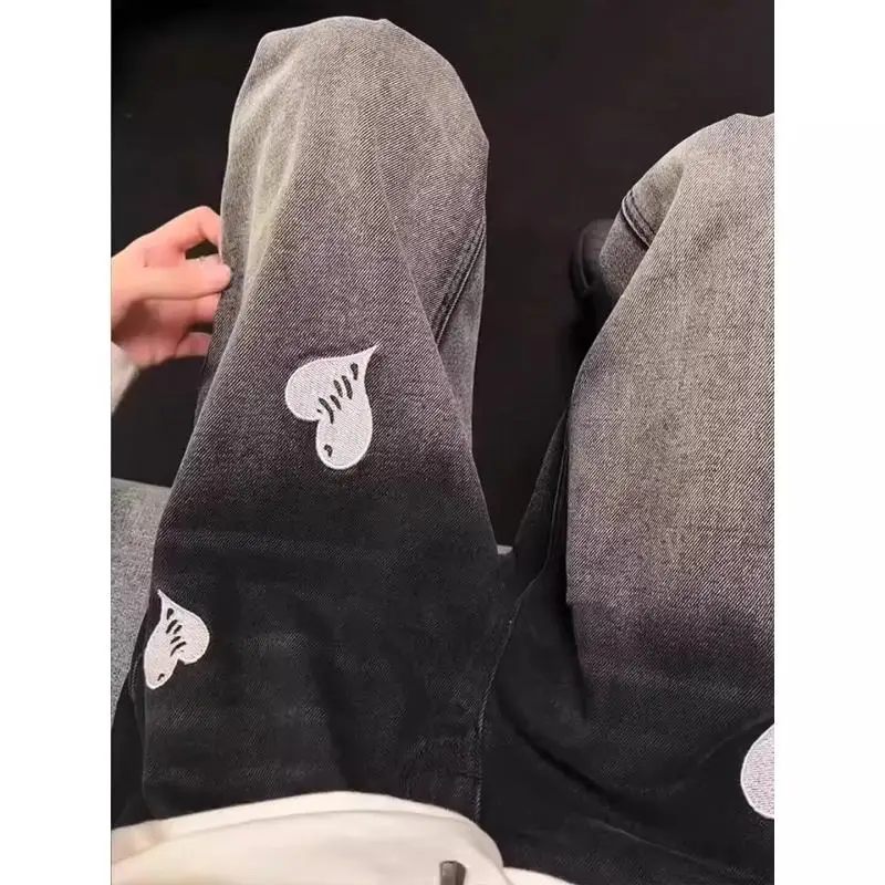 

American Sle High Waist Bell Bot Jeans Spring New Design Love Heart Print Floor Length Trousers for Men Youth Couple