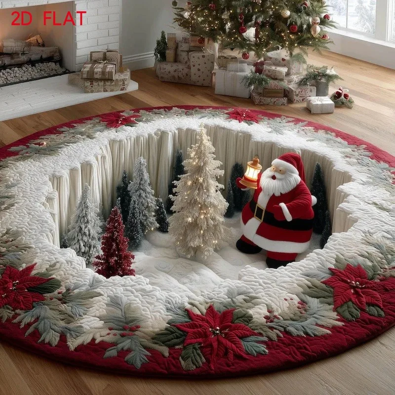Santa Lantern Forest Round Rug 2D Flat Vortex Illusion Red White Christmas Scene