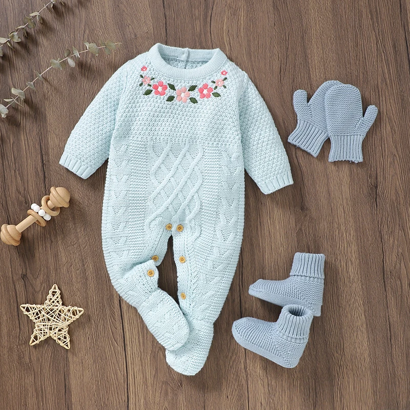 Sweet Floral Print Long Sleeve O-neck Baby Winter Rompers For 0-9 Months Newborn Knit Acrylic Infant One-piece Jumpsuit Bodysuit