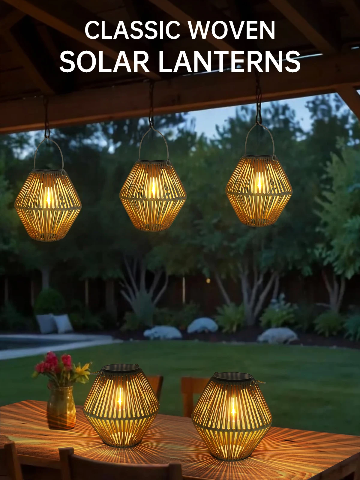 ZenithWoven solar lantern hanging outside on a porch overhang