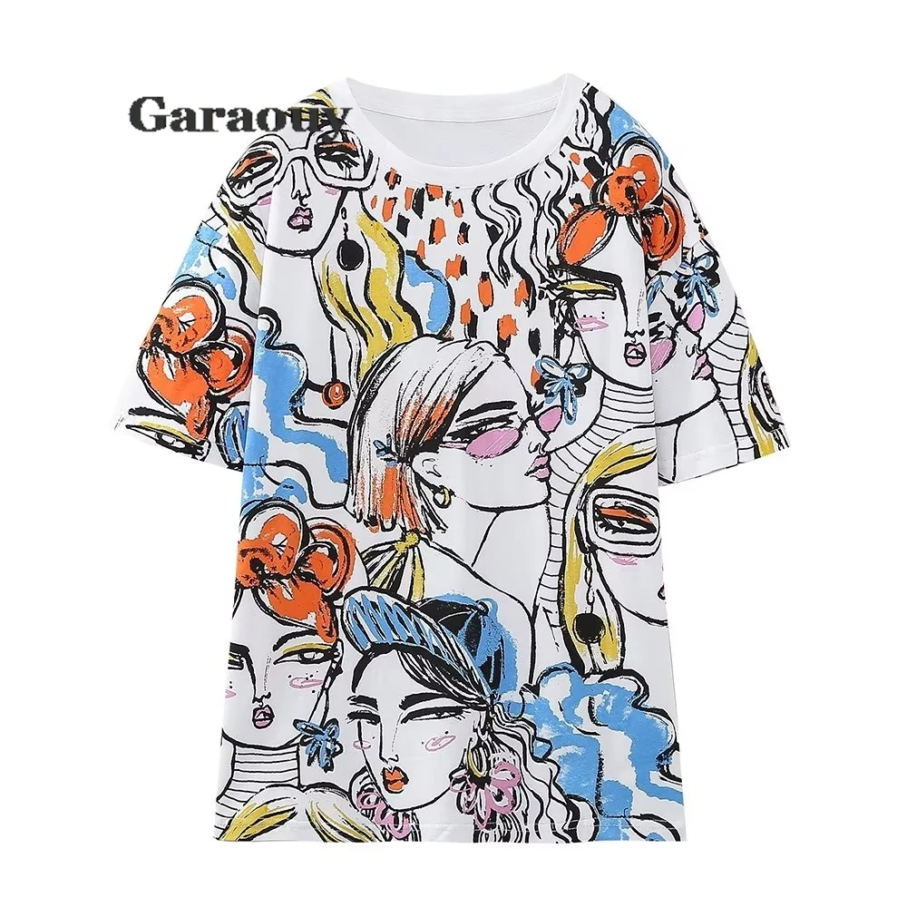 Garaouy 2024 New Spring Summer Women\'s Round Neck Short Sleeve White Loose T-Shirt Graphic Print Decorative Tees