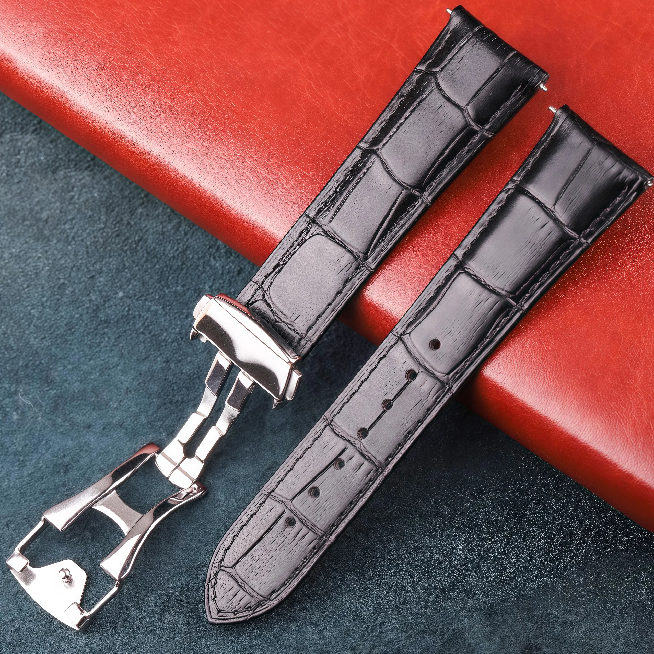 

Genuine Leather Watch Band with Butterfly Clasp 20mm 22mm Strap for Men Women Orange Black Brown Bracelet