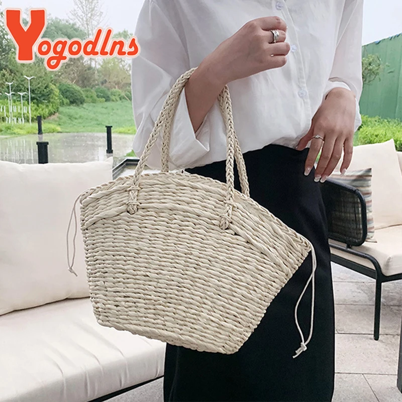 Summer New Straw Bag Women Woven Rattan Handbag Drawstring Handle Bag Large Capacity Hollow Tote Bag Shopping Basket Ba