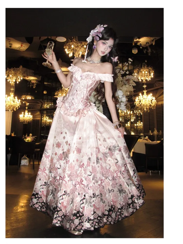 Hanfu half skirt for women fishbone strapless pink dress set