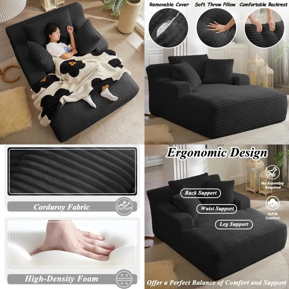 Oversized Corduroy Chaise Lounge Sofa with Comfy Pillows for Living Room and Bedroom, Ideal for Relaxation and Comfort
