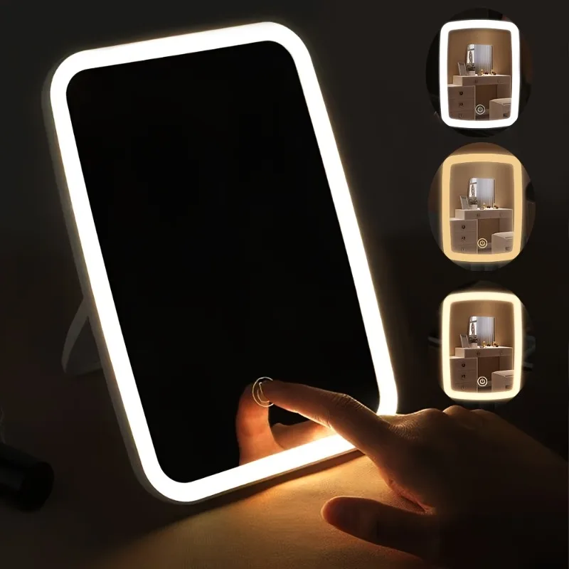

LED Makeup Mirror with 3-Color Light - Adjustable Brightness Touch Control USB Rechargeable Portable Folding Vanity Mirror