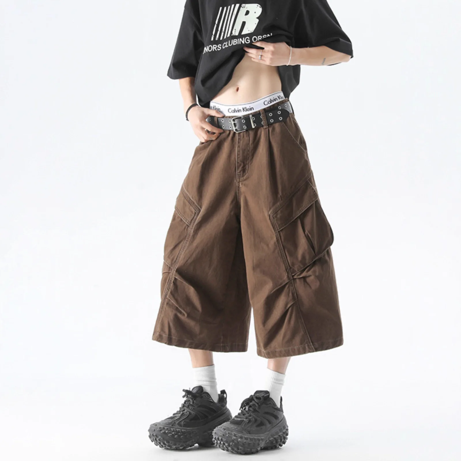 

Men Wide Leg Cargo Shorts Multi Pocket Utility Shorts Loose Fit Streetwear Casual Cropped Shorts