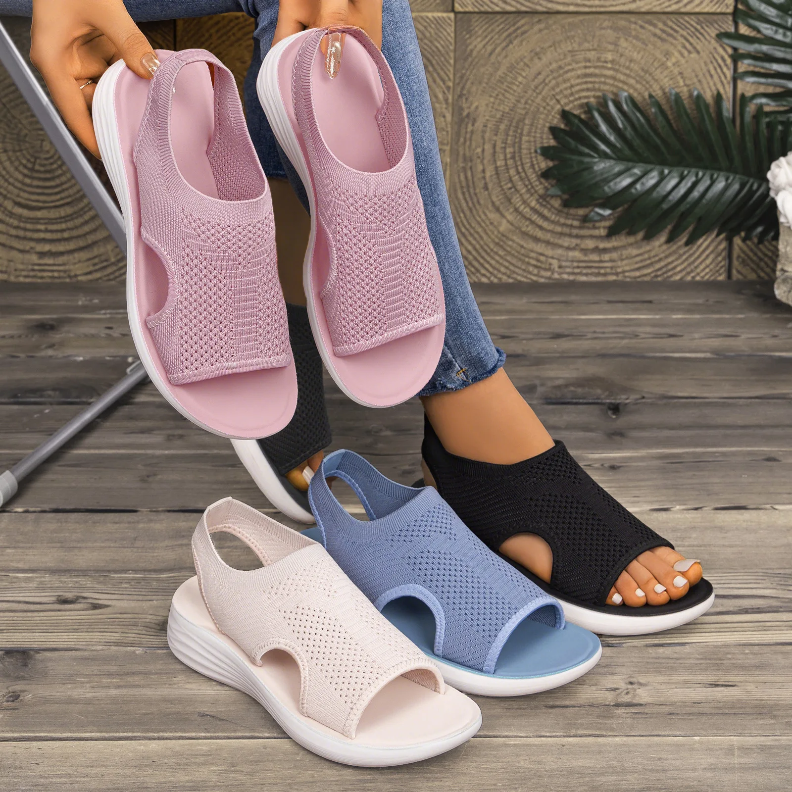 

Женские летние модные повседневные пляжные сандалии, сетчатые туфли без застежек на плоской подошве, ажурная обувь с открытым носком в римском стиле для женщин