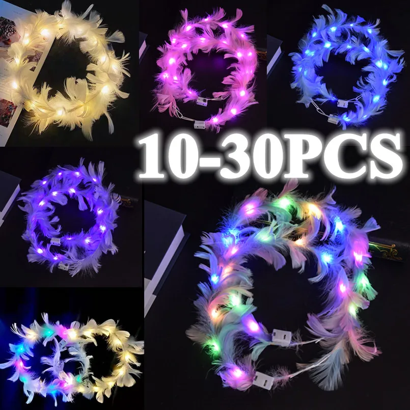 10-30PCS LED Light-Up Angel Headband 10 LEDs Feather Wreath Crown Headband Luminous Headdress For Women Girls Wedding Glow Party