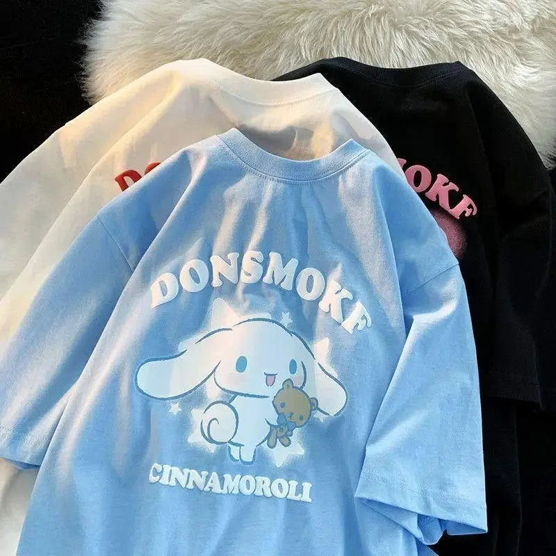 

Sanrio Kawaii наряд для пары Cinnamoroll с короткими рукавами и героями мультфильмов, летняя американская одежда, милая футболка для девочек, студентов, свободная версия