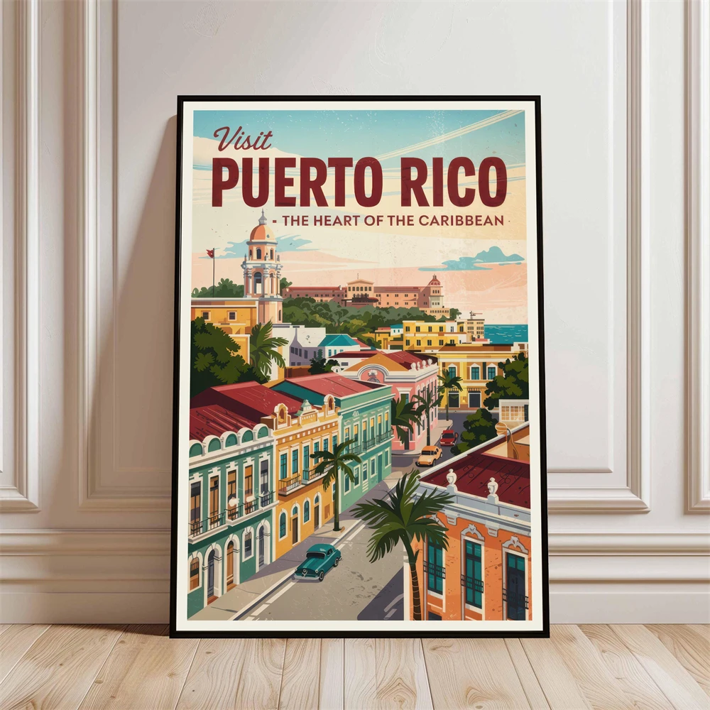 Puerto Rico Travel Poster Tropical Beach & El Morro Fortress Prints Mexico Travel Poster Mayan Pyramid Art Canvas Painting
