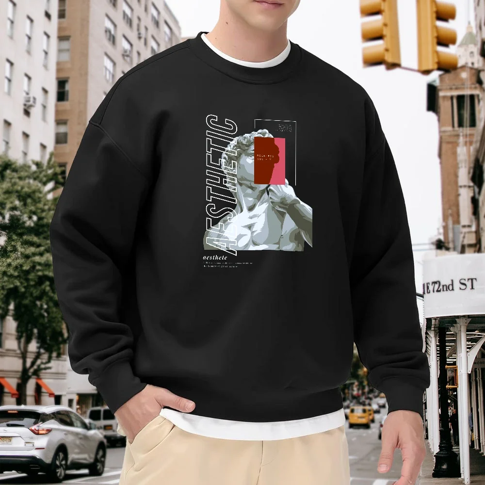 

Men's Black Loose-Fitting Crew Neck Sweatshirt with Abstract Art Sculpture Print, Street Fashion Casual Versatile Top, Comfortable and Breathable for Everyday Wear and Sports