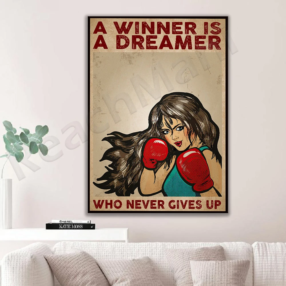 Boxing art, winner never gives up poster, gift for sports lovers boxing girl, vintage decorative boxing wall art