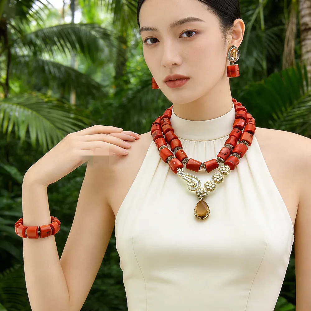 

3-Piece Natural Coral Necklace Set Big Beads Jewelry Sets for Bridal Wedding Party Choker African Nigeria Earrings Bracelet Gift